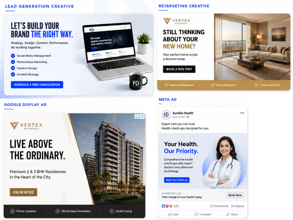 Meta and Google performance ad creative sets designed by Narrative Digital, a digital marketing agency in Bhopal