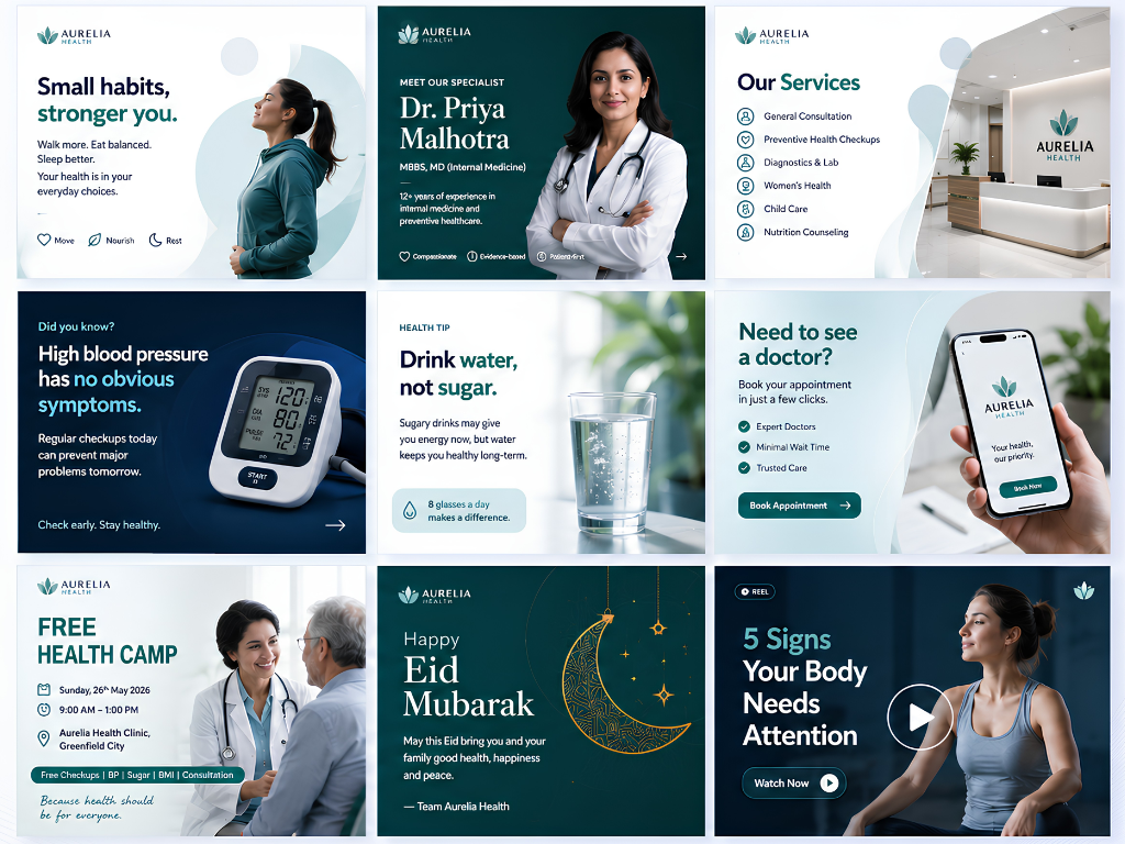 Healthcare social media marketing campaign creatives for Aurelia Health by Narrative Digital, Bhopal